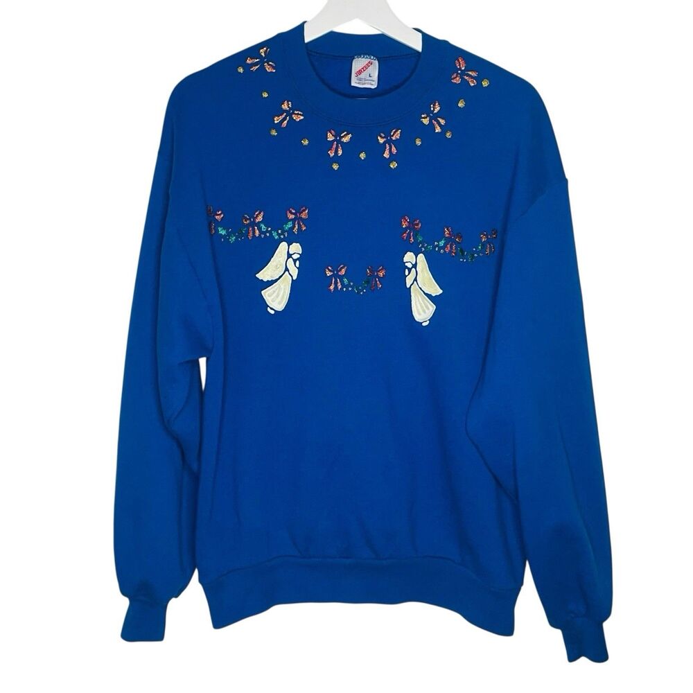 Vintage 90s Y2K Jerzees Christmas Sweatshirt Adult Large Blue USA Ugly